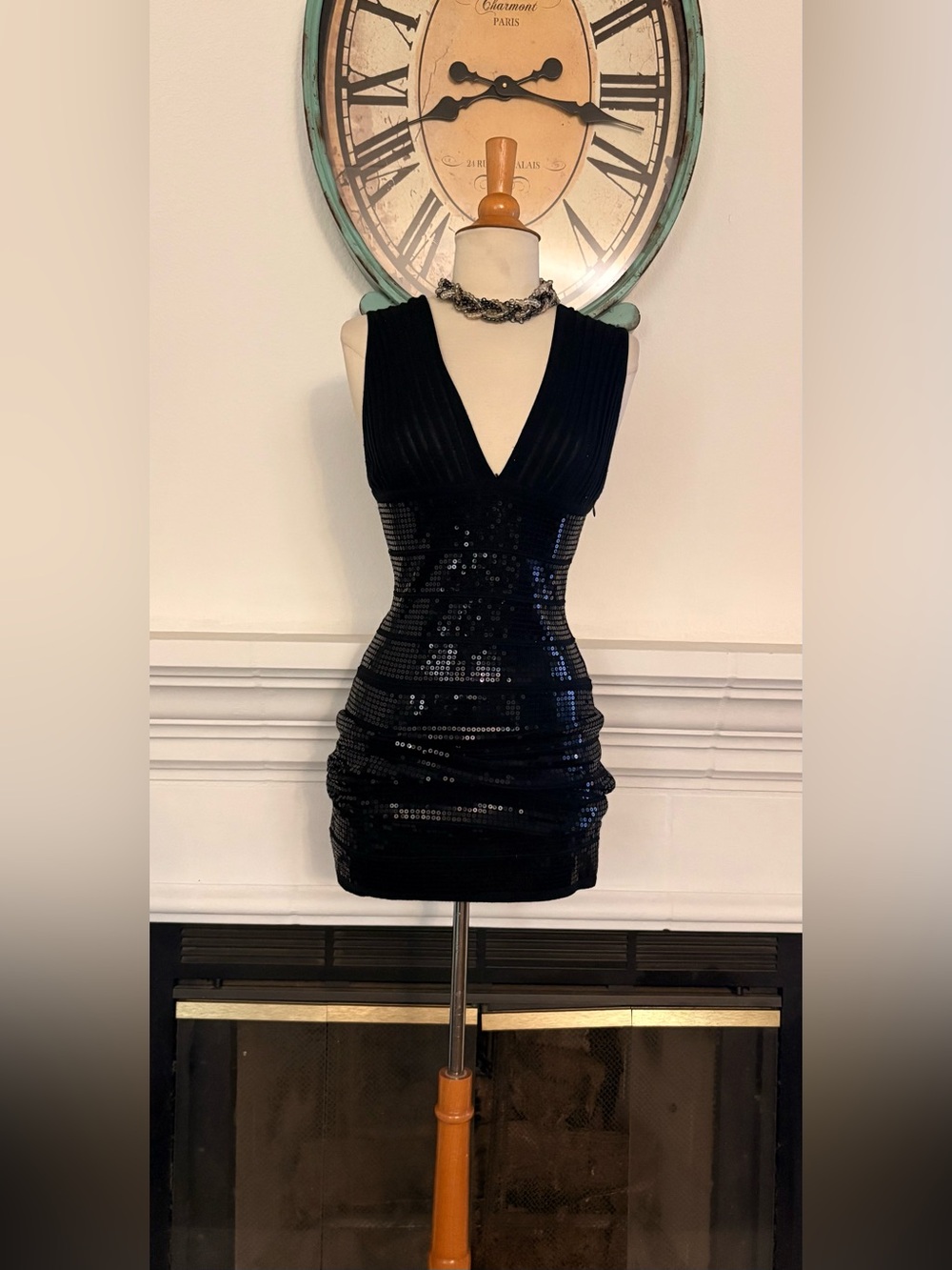 WOW couture Black Sequin Deep V Midi Dress